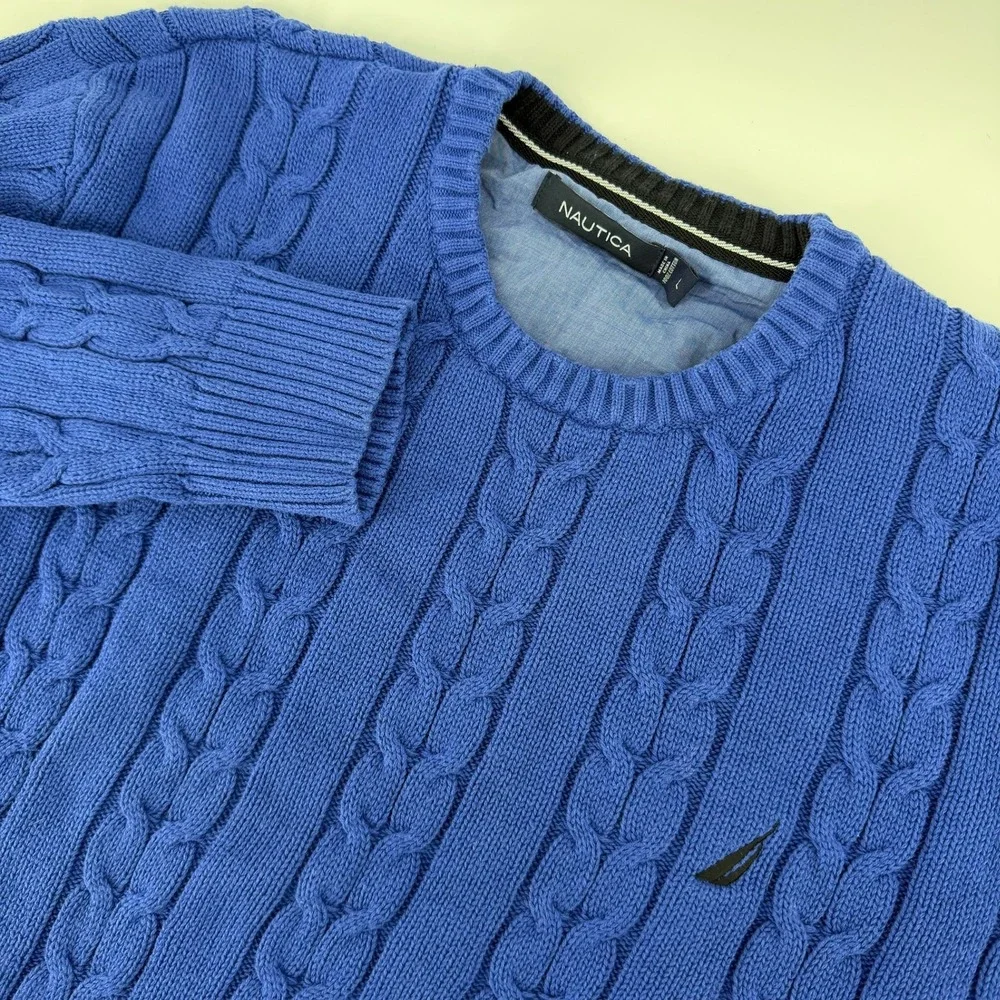 Nautica Mens Royal Blue Cable Knit Cotton Crewneck Sweater Large Logo Pullover
